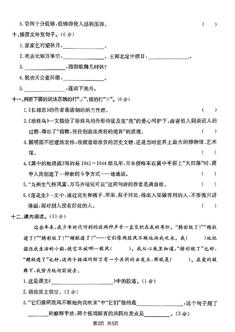 《2024学年五年级上册语文期末统考卷语文试卷_5年级上册同步教辅_5上语文_五上语文单元+期中+期末卷_五上语文期末卷》第3页预览