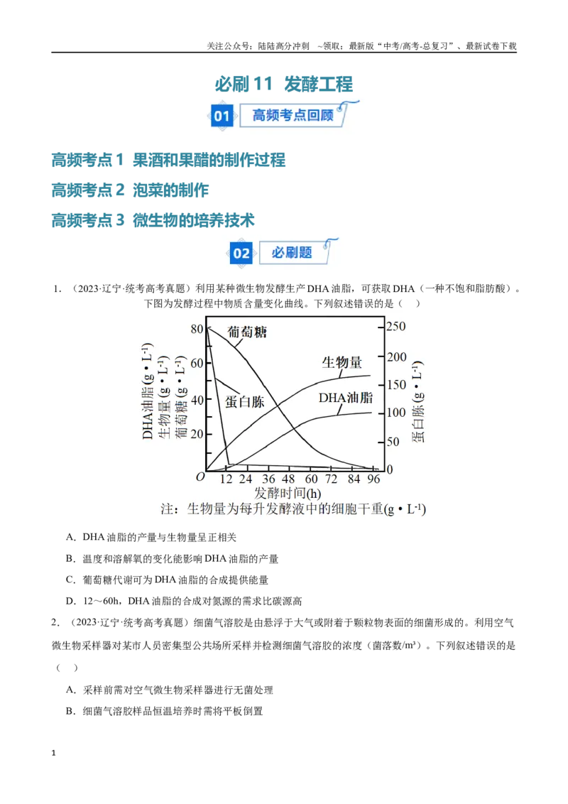 《必刷11发酵工程（共50题）（原卷版）_06-生物-高考总复习_专项复习_2024年_2024年新高考生物总复习高频考点必刷题真题模拟题_资料》第1页预览