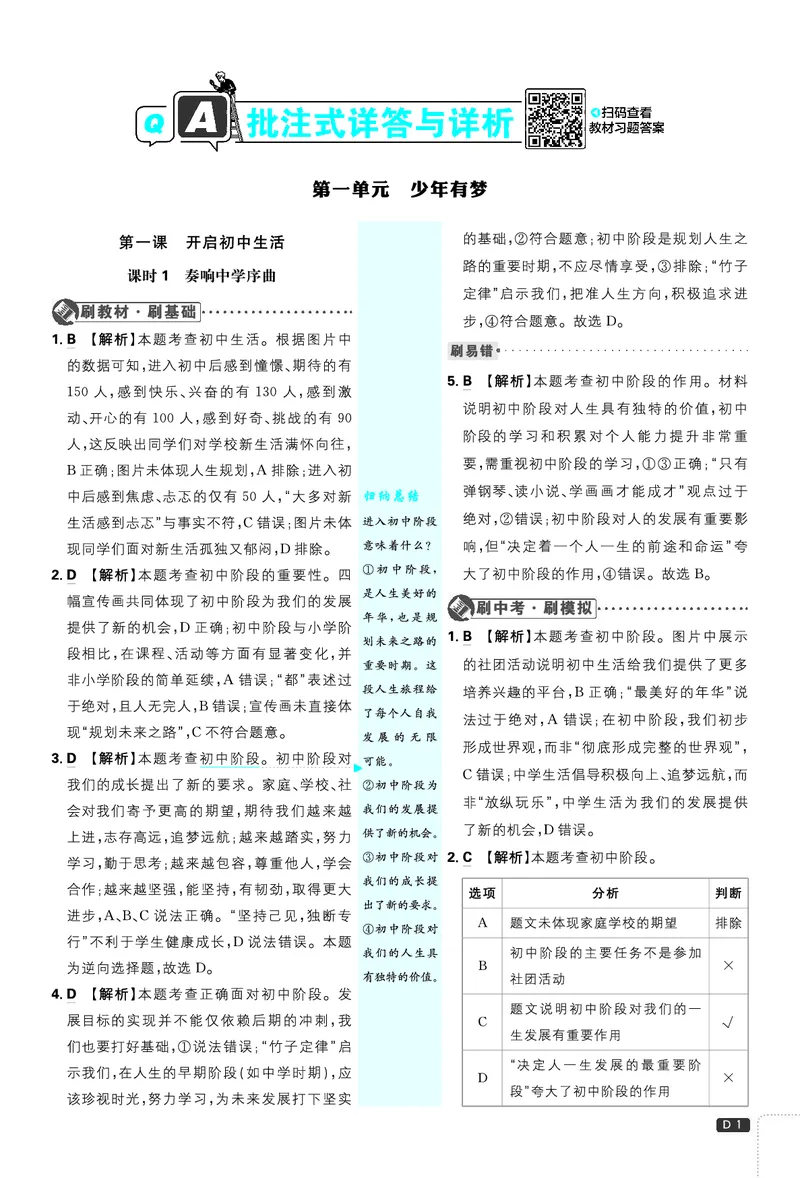 《2027《理想树•必刷题7上》道法答案_2027版初中《必刷题》7年级上册（道法）》第2页预览