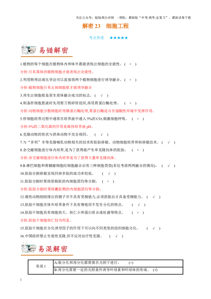 《解密23细胞工程（讲义)-高频考点解密2023年高考生物二轮复习讲义+分层训练（新教材）_06-生物-高考总复习_二轮复习_2024年_2024年新教材高考生物二轮复习讲义分层训练题考点_资料》第1页预览