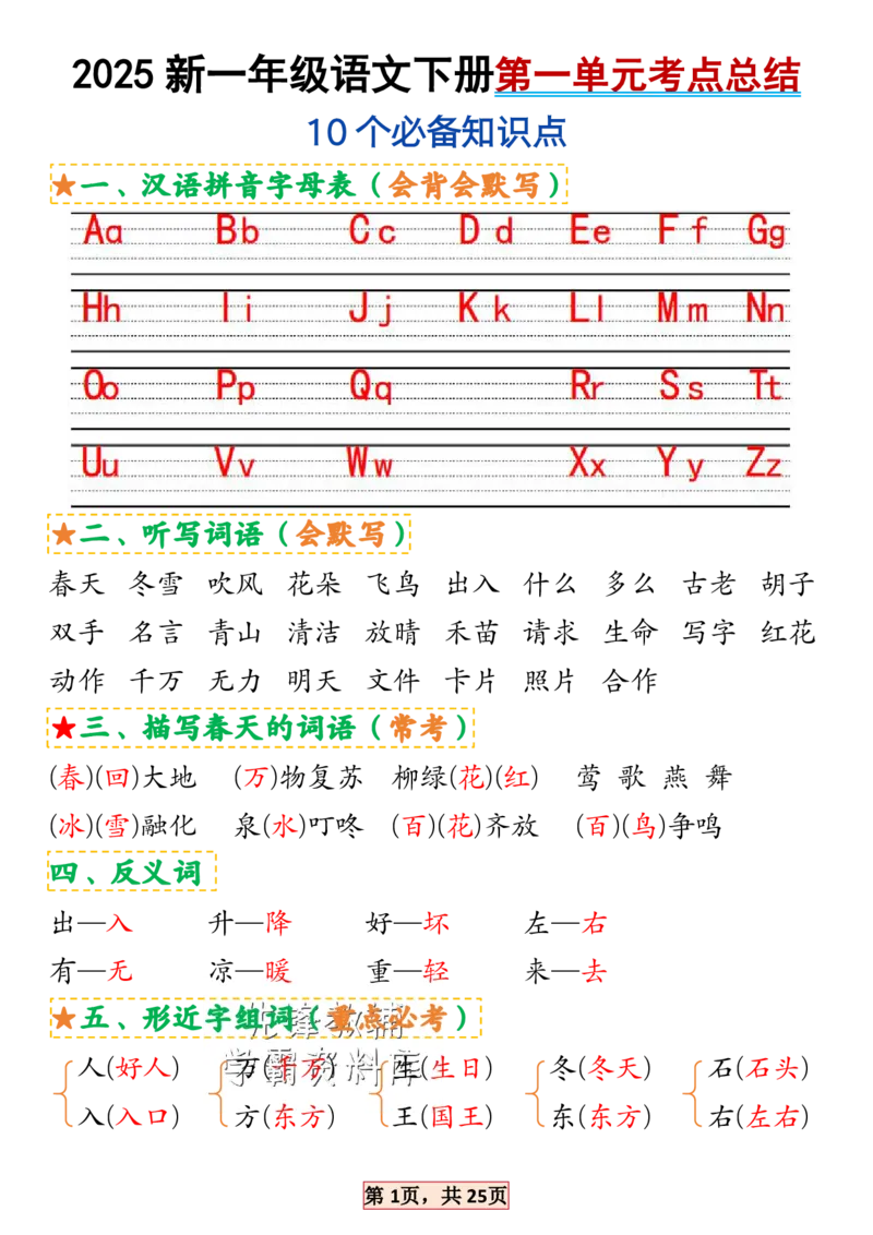 《2025新一年级语文下册1-4单元考点总结SY_1年级下册同步教辅_1下-语文_一下语文-专项练习》第1页预览
