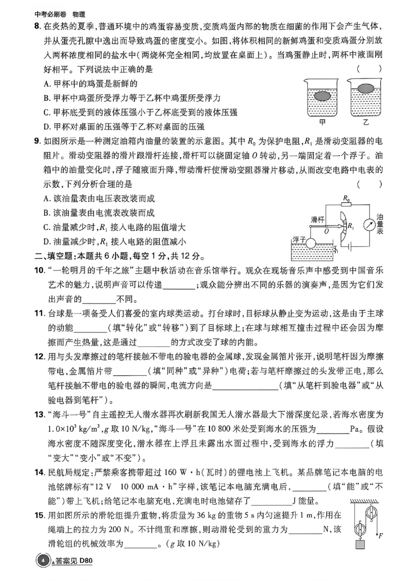 《物理逐题上分卷A4_2027版初中《必刷题42套新卷》（物理）（辽宁专用）》第8页预览