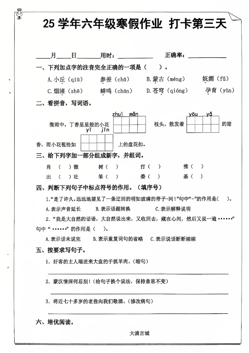 《2025最新6年级语文寒假作业_6年级下册同步教辅_6下语数英-寒假作业》第5页预览