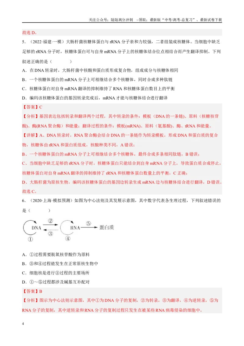 《解密10基因的表达（分层训练）-高频考点解密2023年高考生物二轮复习讲义+分层训练（新教材）（解析版）_06-生物-高考总复习_二轮复习_2024年_资料》第4页预览