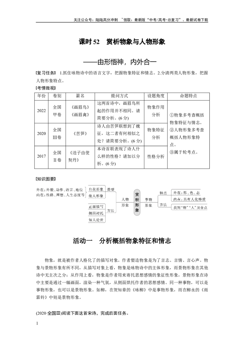 《板块6古诗词阅读与鉴赏课时52　赏析物象与人物形象——由形悟神，内外合一_一轮复习_2024年_2024高考语文大一轮复习课件讲义新人教版知识总结》第1页预览