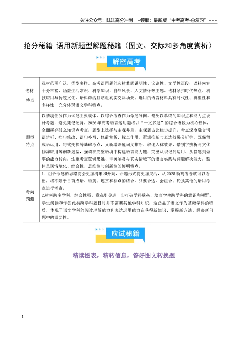 《抢分秘籍语用新题型解题秘籍（图文、交际和多角度赏析）（知识清单）（学生版）_专项复习_2026年-语文专项复习_2026年高考语文抢分秘籍（新高考专用）-G221_2026版》第1页预览