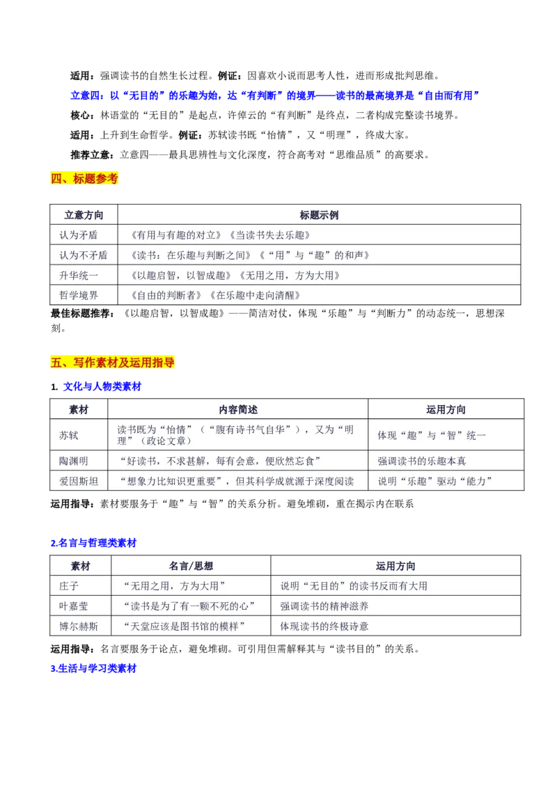 《江西省九师名校联盟调研考“读书的的思辨：“获得判断力”or“享受乐趣”——以趣启智，以智成趣”_专项复习_2026年-语文专项复习_582026年高考语文各地名校模考卷作文导写》第3页预览