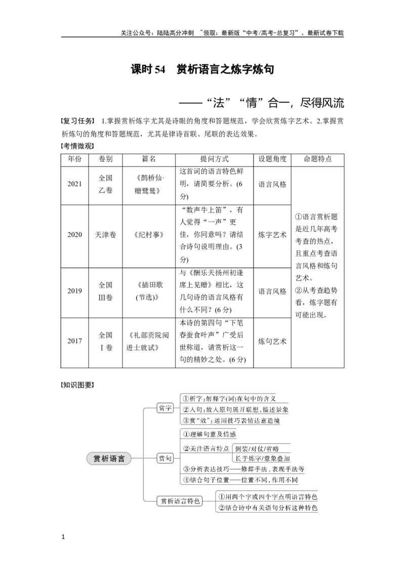 《板块6课时54　赏析语言之炼字炼句——“法”“情”合一，尽得风流_一轮复习_2024年_2024高考语文大一轮复习课件讲义新人教版知识总结_2024年高考语文一轮复习讲义（部编新高考版）》第1页预览