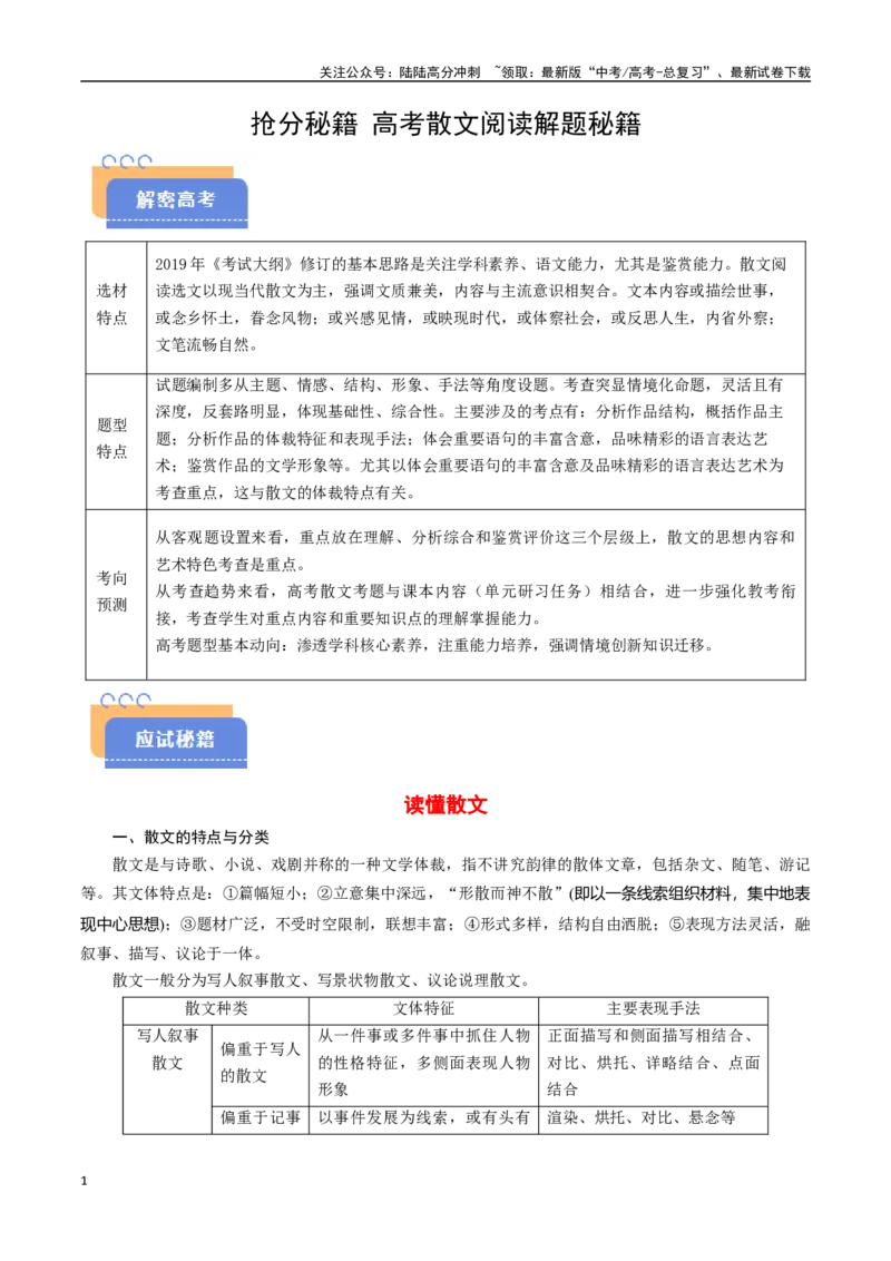 《抢分秘籍高考散文阅读解题秘籍（教师版）_专项复习_2025年_2025年高考语文抢押秘籍（安徽专用）》第1页预览