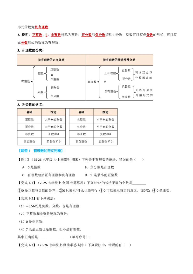 《专题1.2有理数及其大小比较（举一反三讲义）数学新教材人教版七年级上册（试题版）_26秋初中教辅资料_26秋《举一反三》系列_2026秋《举一反三》7上数学（人教）》第2页预览