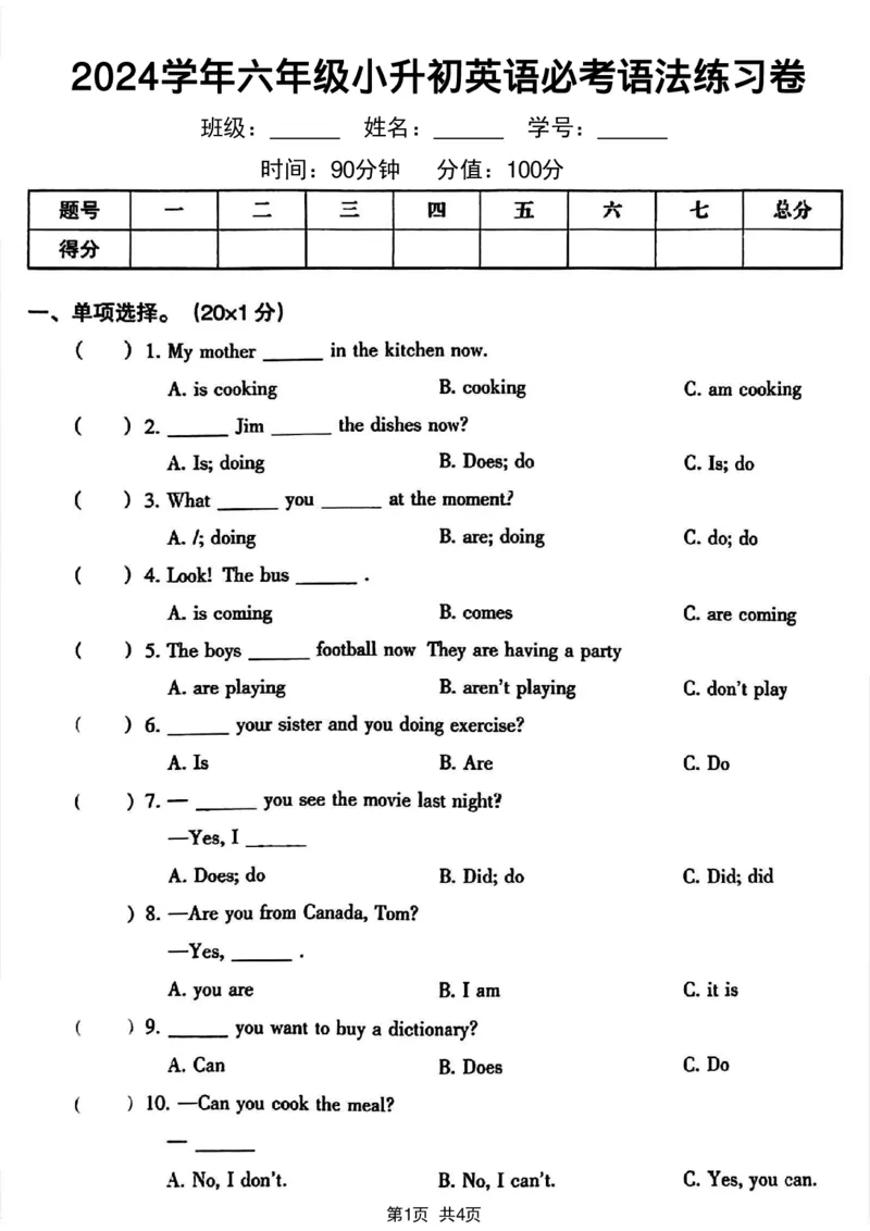 《2024学年六年级小升初英语必考语法练习卷_6年级下册同步教辅_6下-英语_六下英语通用重点必背资料+专项》第1页预览