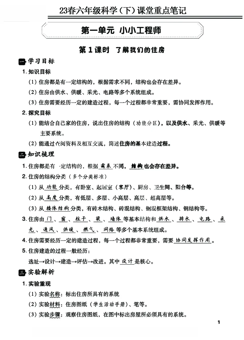 《23春六年级科学（下）课堂重点笔记_6年级下册同步教辅_6下-科学+道法》第1页预览