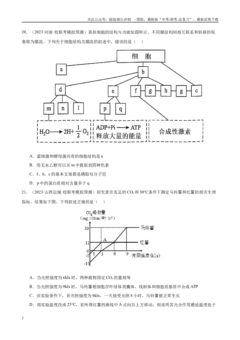 《必刷04细胞的能量供应和利用（70题）（原卷版）_06-生物-高考总复习_专项复习_2024年_2024年新高考生物总复习高频考点必刷800题新教材_资料》第7页预览