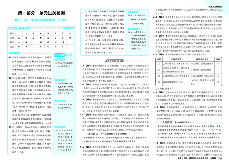 《答案_2027版初中《必刷题上分卷》7年级上册（道法）（人教版）》第1页预览