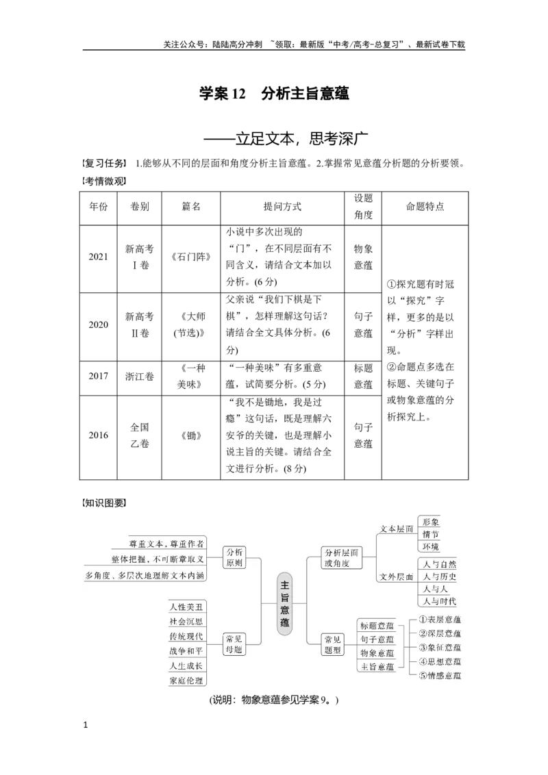 《板块二学案12　分析主旨意蕴——立足文本，思考深广_一轮复习_2024年_2024高考语文大一轮复习课件讲义新人教版知识总结_2024年高考语文一轮复习讲义（部编新高考版）_大一轮复习讲义》第1页预览