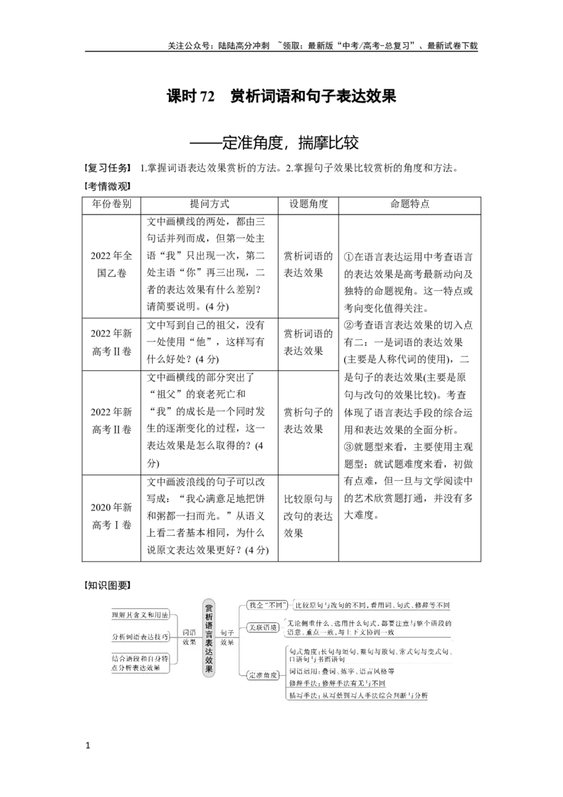 《板块8第2部分语言应用课时72　赏析词语和句子表达效果——定准角度，揣摩比较_一轮复习_2024年_2024高考语文大一轮复习课件讲义新人教版知识总结》第1页预览