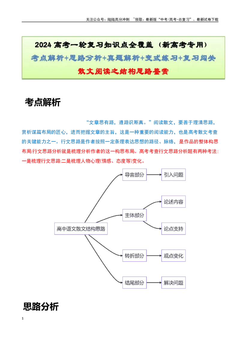 《散文阅读之结构思路鉴赏（解析版）-知识点闯关全覆盖（新高考专用）_一轮复习_2025年_2025年高考语文一轮复习知识点专项归纳真题练新高考专用_资料》第1页预览