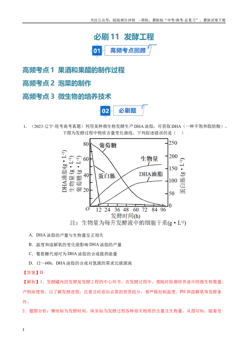 《必刷11发酵工程（共50题）（教师版）_06-生物-高考总复习_专项复习_2024年_2024年新高考生物总复习高频考点必刷800题_2024版》第1页预览