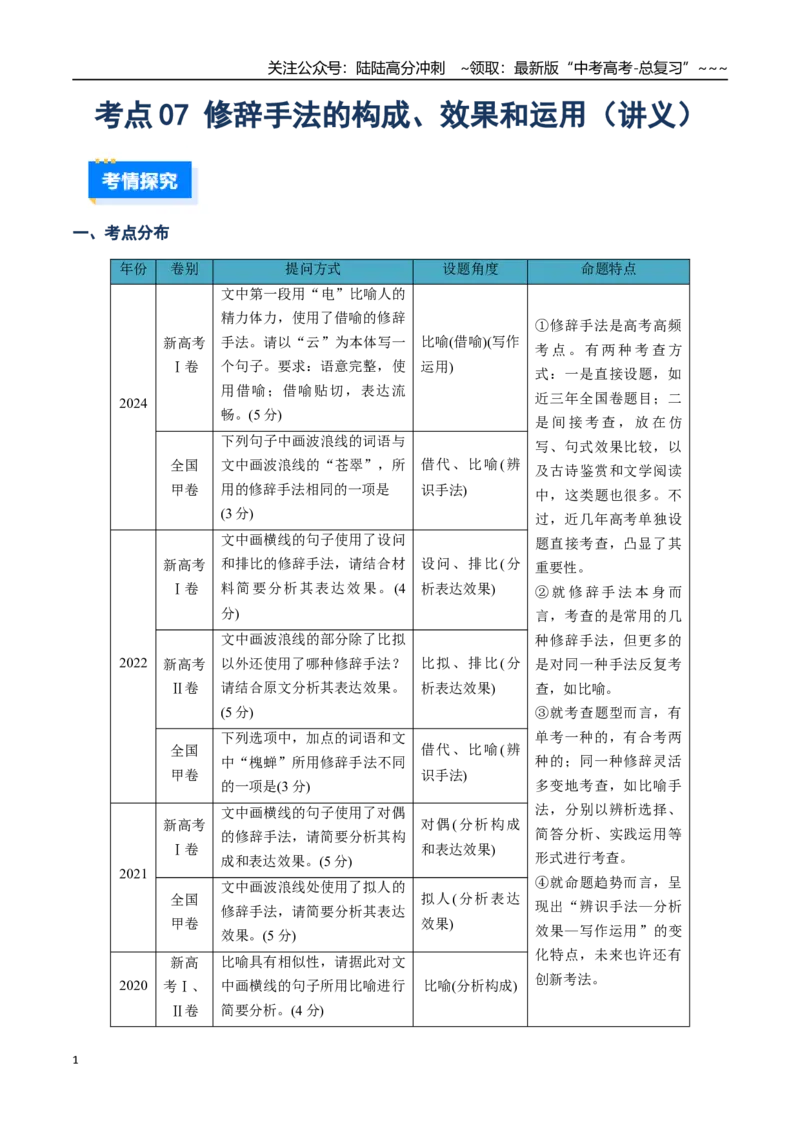 《核心考点07修辞手法的构成、效果和运用（讲义）（全国通用）（教师版）_一轮复习_2026年-语文一轮复习_2026年高考语文一轮复习考点精讲精练（新高考通用）-G58_2026版》第1页预览