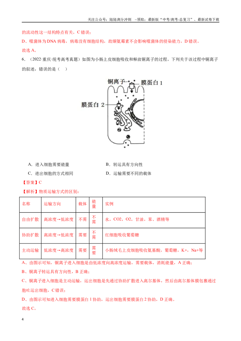 《必刷03细胞的物质输入和输出（教师版）_06-生物-高考总复习_专项复习_2024年_2024年新高考生物总复习高频考点必刷800题_2024版》第4页预览