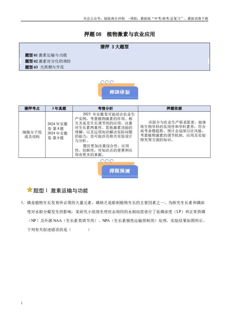 《押题08植物激素与农业应用（3大题型猜押）（教师版）_06-生物-高考总复习_专项复习_2025年_2025年高考生物抢押秘籍（安徽专用）》第1页预览