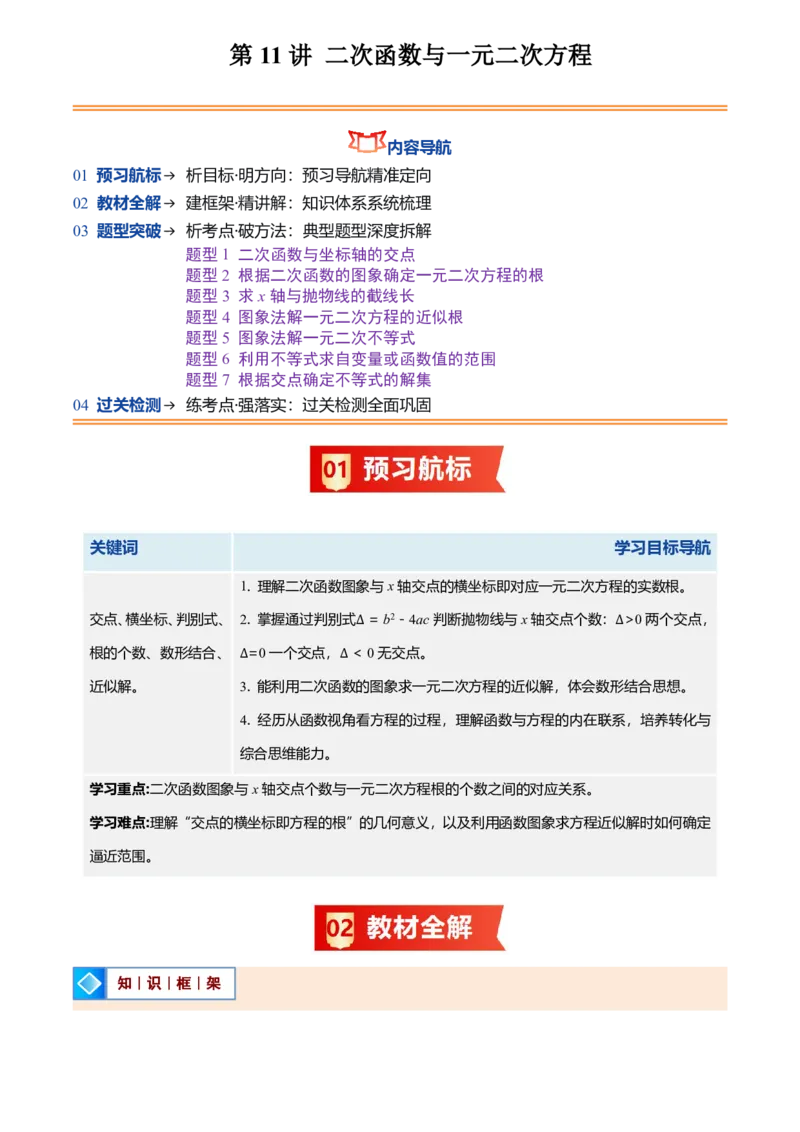 《人教2026版初中《暑假预习讲义》第11讲二次函数与一元二次方程(原卷版)_26秋初中教辅资料_26秋初中《暑假预习》_（数学）2026版初中《暑假衔接讲义》新9年级上册（人教）》第1页预览