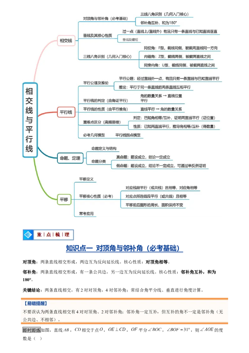 《专题01相交线与平行线(暑假复习讲义)(原卷版)_26秋小学初中各机构教辅大合集（一本、教材帮、阳光同学、王朝霞、实验班、小典中点、上分卷、白欧、课堂笔记等等）_26秋初中教辅资料》第3页预览