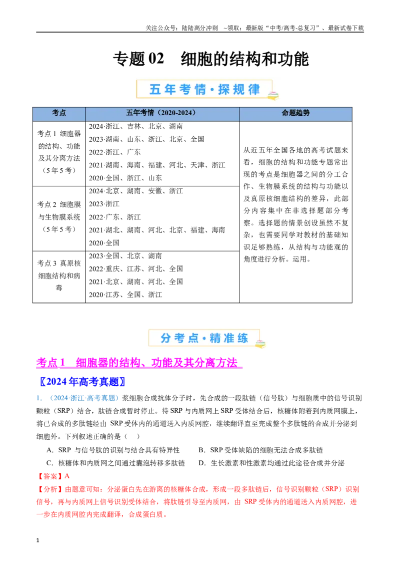 《专题02细胞的结构和功能（解析版）_06-生物-高考总复习_专项复习_2024年_2024年高考生物真题分类汇编（全国通用）》第1页预览