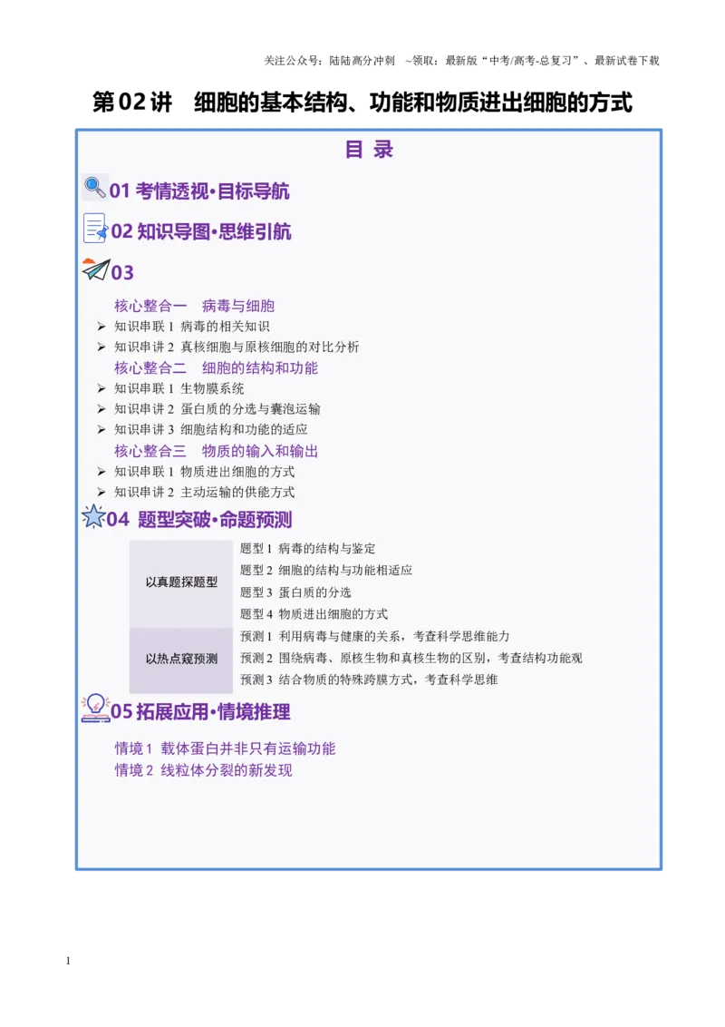 《第02讲细胞的基本结构、功能和物质进出细胞的方式（讲义）（学生版）_06-生物-高考总复习_二轮复习_2025年_2025年高考生物二轮复习课件+讲义+练习（新高考通用）》第1页预览