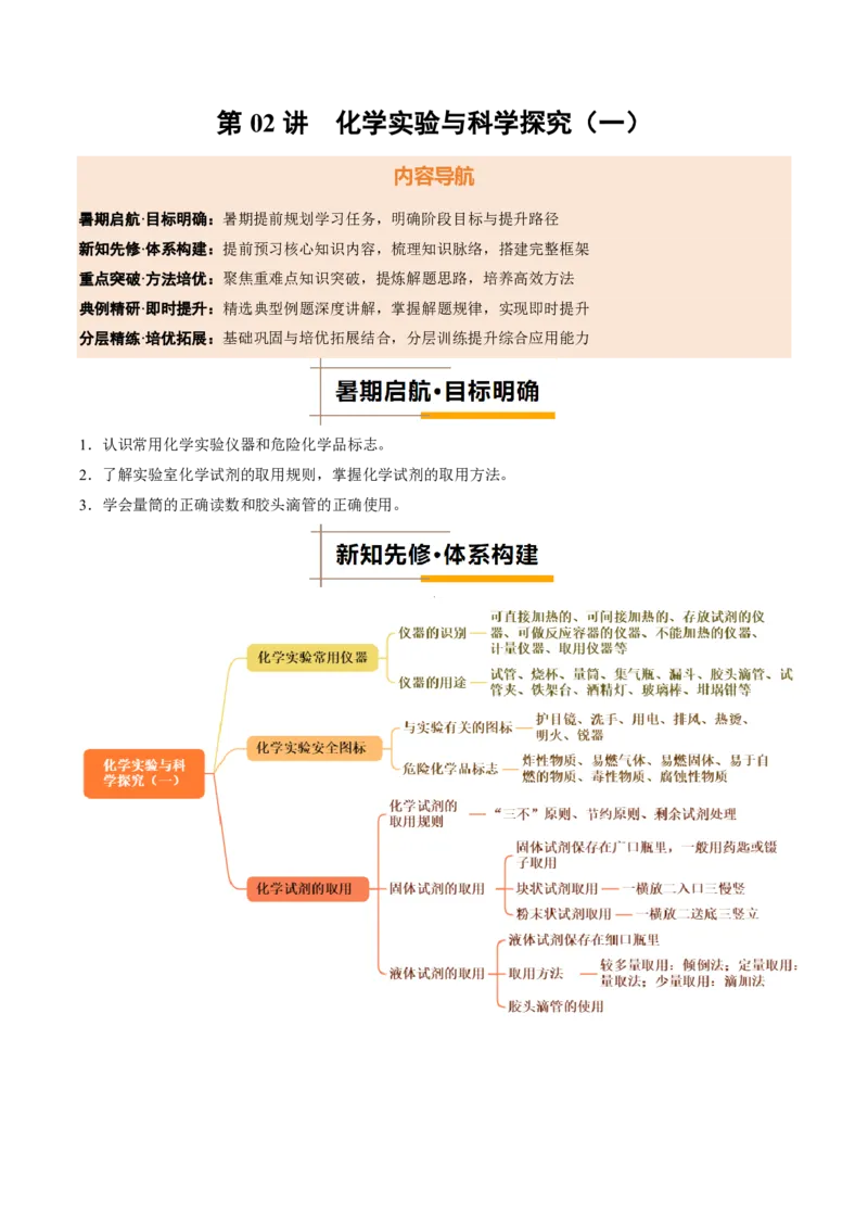 《人教2026版《暑假培优讲义》第02讲化学实验与科学探究（一）（暑假培优讲义）（原卷版）_26秋初中教辅资料_26秋初中《暑假预习》》第1页预览