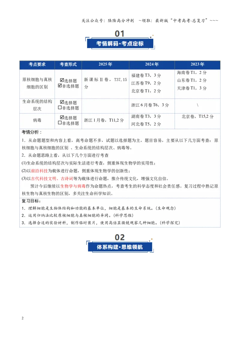 《第01讲走近细胞（复习讲义）（全国通用）（教师版）_06-生物-高考总复习_一轮复习_2026年-生物高考一轮复习_2026年高考生物一轮复习讲义+练习+课件（新教材新高考）-G55_2026版》第2页预览