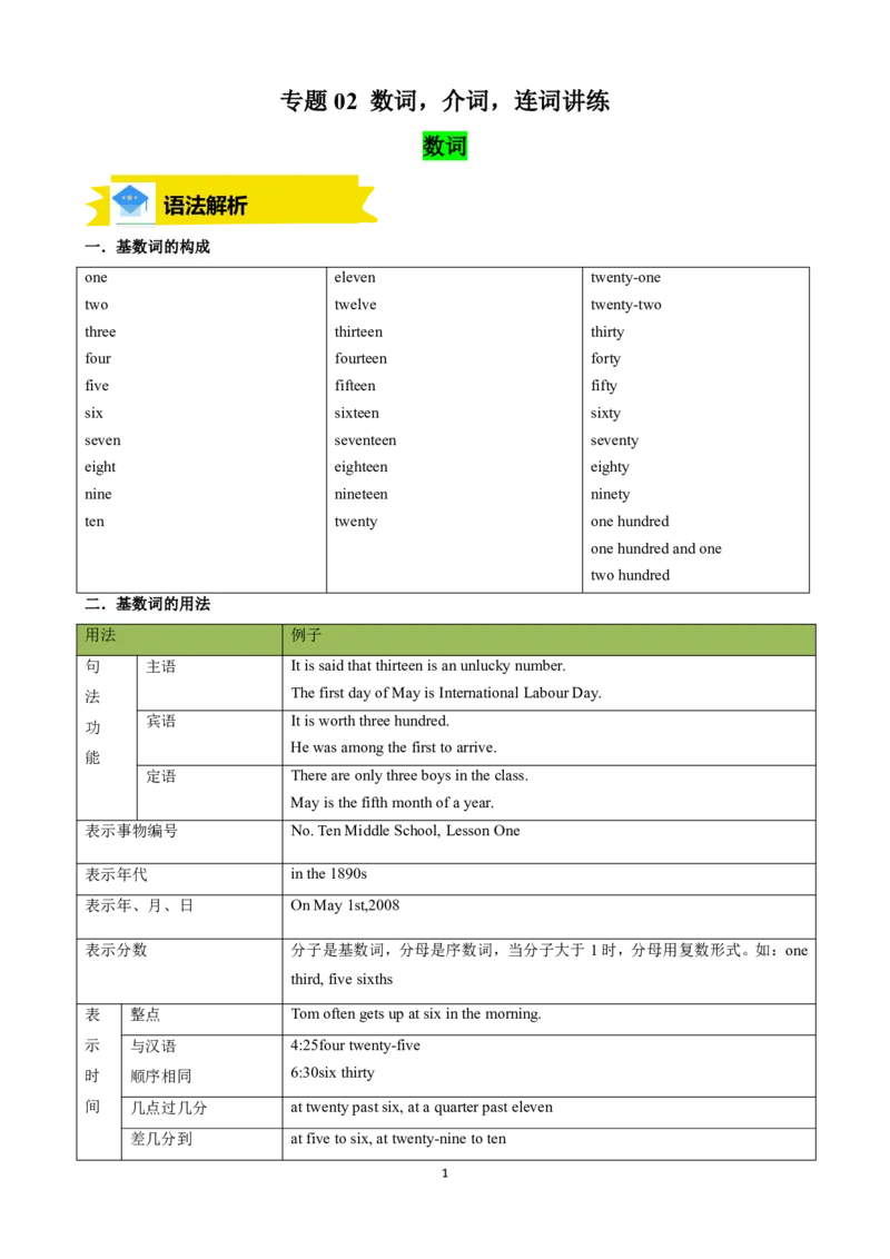 《人教2026版《暑假复习讲义》专题02数词，介词，连词讲练（解析版）_26秋初中教辅资料_26秋初中《暑假预习》_（英语）2026版初中《暑假衔接讲义》新8年级上册（人教）01套》第1页预览