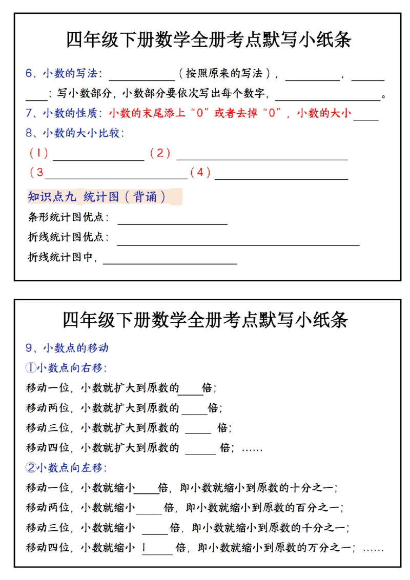 《_4年级下册同步教辅_四下数学_四下数学通用重点必背+专项_四年级（下）数学必背知识点默写小纸条_》第9页预览