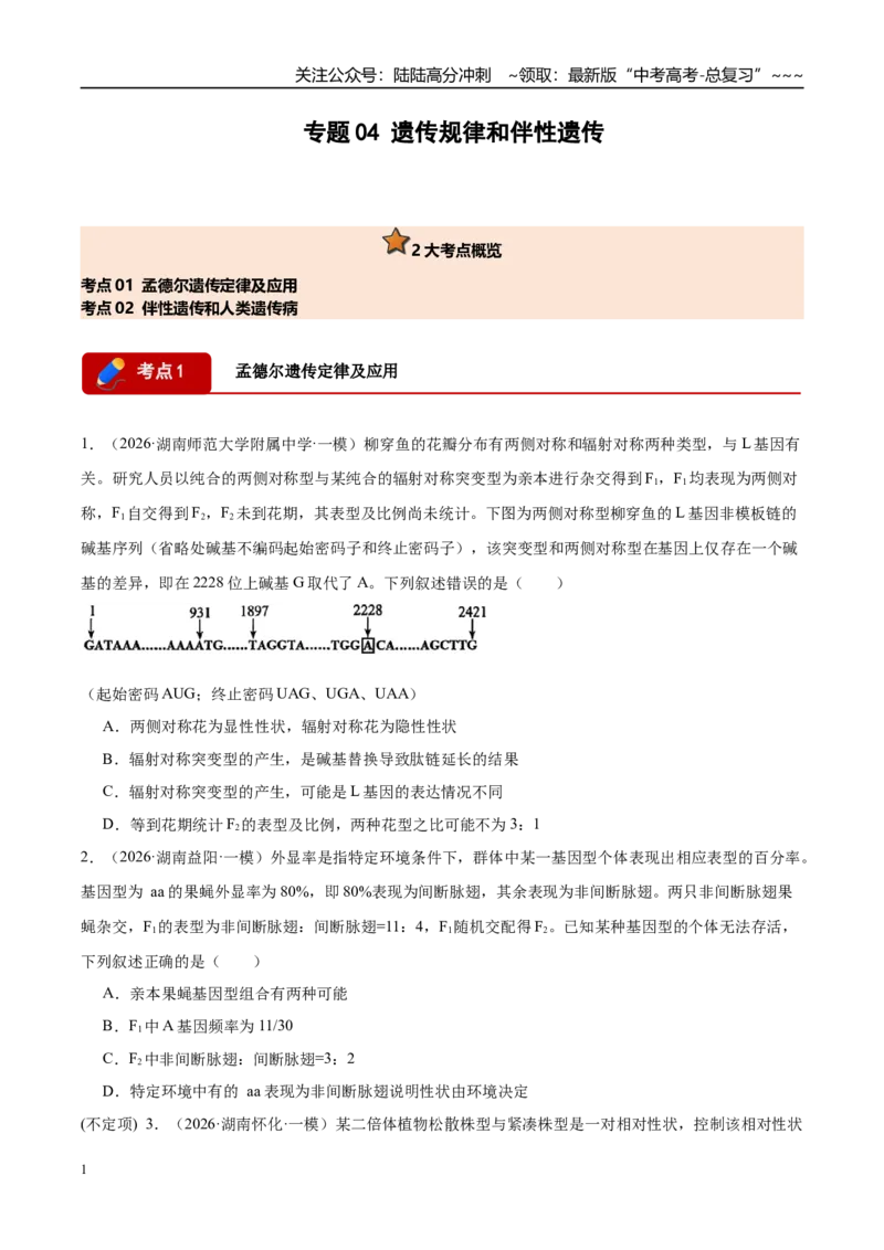 《专题04遗传规律和伴性遗传（2大考点）（学生版）_06-生物-高考总复习_专项复习_2026年-生物高考专项复习_2026年高考生物一模试题分类汇编（湖南专用）-G236_2026版》第1页预览