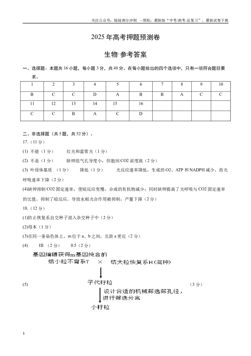 《生物（山西、陕西、宁夏、青海通用）（参考答案）(2)_06-生物-高考总复习_专项复习_2025年_2025年高考押题预测卷（多地区）生物》第1页预览