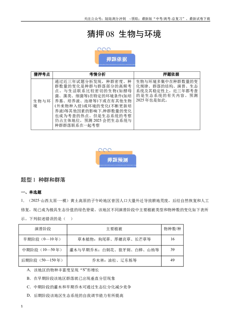 《猜押08生物与环境（教师版）_06-生物-高考总复习_专项复习_2025年_2025年高考生物抢押秘籍（陕西、山西、宁夏、青海专用）》第1页预览
