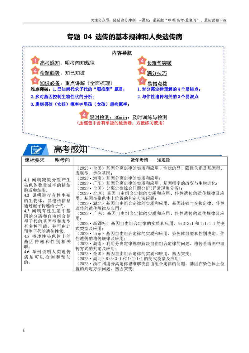 《专题04遗传的基本规律和人类遗传病（教师版）_06-生物-高考总复习_专项复习_2024年_2024年高考生物热点·重点·难点专练（新高考专用）》第1页预览