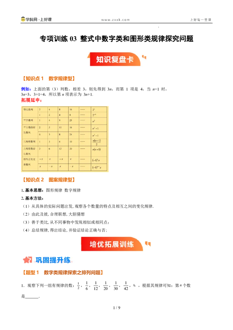 《专项训练03整式中数字类和图形类规律探究问题（巩固培优）（原卷版）_26秋初中教辅资料_26秋初中《暑假预习》_2026秋《暑假自学课》7上数学（人教版）_探索新知_第三章代数式》第1页预览
