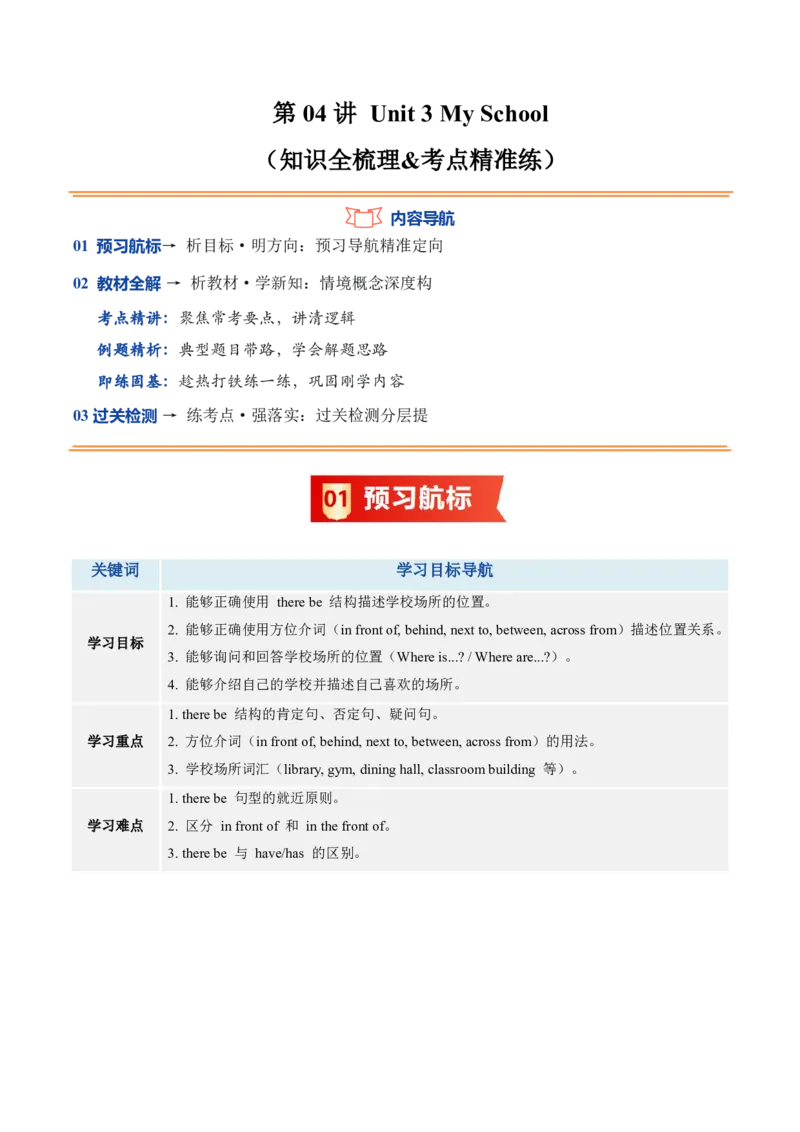 《人教2026《暑假预习讲义》第04讲Unit3MySchool（知识全梳理&考点精准练）（暑假预习讲义）（解析版）_26秋初中教辅资料_26秋初中《暑假预习》_2026秋《暑假预习讲义》7上英语》第1页预览