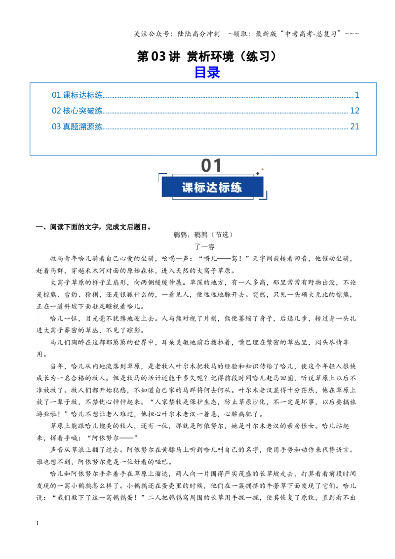 《第03讲赏析环境（专项训练）（教师版）_一轮复习_2026年-语文一轮复习_2026年高考语文一轮复习讲义+练习+课件（新教材新高考）-G55_2026版_专题二小说阅读》第1页预览