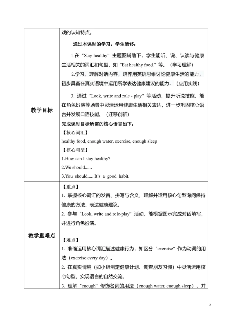 《Unit4第2课时PartALet'slearn&Look,writeandrole-play(教学设计)英语人教PEP版五年级上册（新教材）_26秋小学教辅资料_1526秋课件教案_小学英语_2026秋人教版五上英语_Unit4Healthyhabits》第2页预览