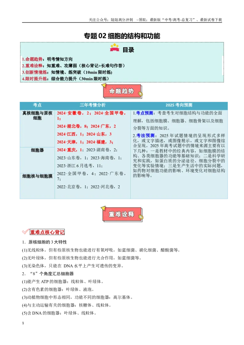《专题02细胞的结构和功能（原卷版）_06-生物-高考总复习_专项复习_2025年_2025年高考生物重难点讲义专练（新高考通用）》第1页预览