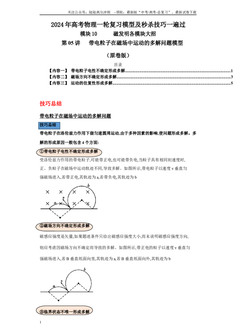 《第05讲带电粒子在磁场中运动的多解问题模型（原卷版）_04-物理-高考总复习_一轮复习_2024年_2024年高考物理一轮复习模型解题技巧巩固练习备考_第十章磁发明各模块之分析(7)份》第1页预览