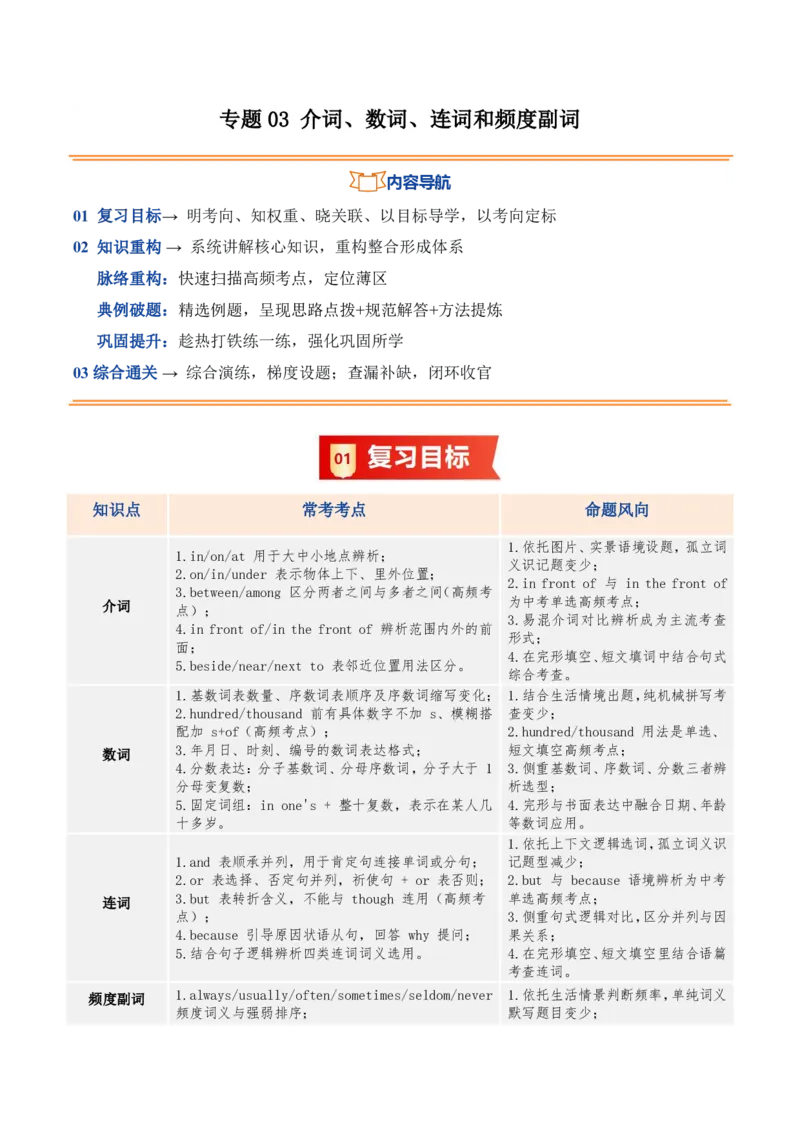《人教2026《暑假复习讲义》专题03介词、数词、连词和频度副词（暑假复习讲义）（解析版）_26秋初中教辅资料_26秋初中《暑假预习》_2026秋《暑假复习讲义》8上英语》第1页预览