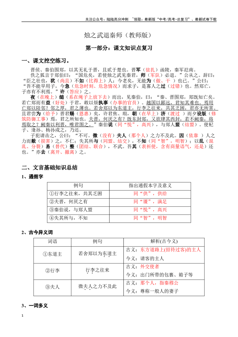 《烛之武退秦师（教师版）_专项复习_2024年_2024年高考语文课内文言文轻松复习课堂（统编版）_资料_1-资料》第1页预览