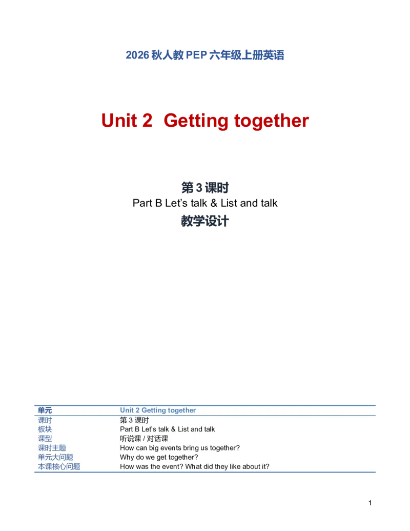 《U2L3PartBLet’stalk&Listandtalk教学设计_小学英语_26秋人教PEP版英语6年级上册核心素养教案+课件新版_2026秋人教版六上英语_6上-人教PEP版英语（2026秋持续更新）_01课件+教案》第1页预览