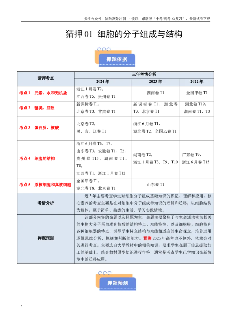 《猜押01细胞的分子组成与结构（教师版）_06-生物-高考总复习_专项复习_2025年_2025年高考生物抢分秘籍（新高考专用）_2025版》第1页预览
