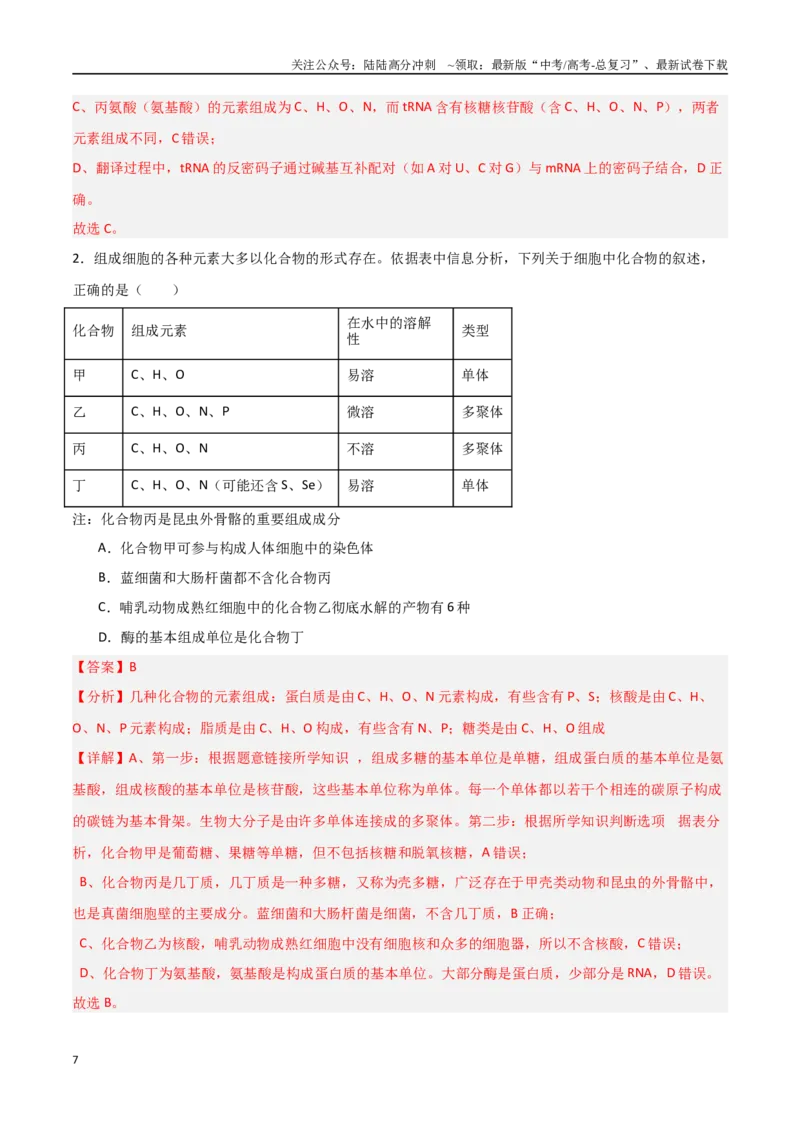 《猜押01细胞的分子组成与结构（教师版）_06-生物-高考总复习_专项复习_2025年_2025年高考生物抢分秘籍（新高考专用）_2025版》第7页预览