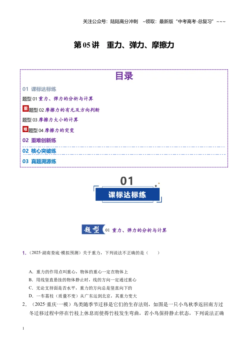 《第05讲重力、弹力、摩擦力（专项练习湖南专用）（学生版）_04-物理-高考总复习_一轮复习_2026年-物理高考一轮复习_2026年高考物理一轮课件+讲义+练习（湖南专用）-G331》第1页预览