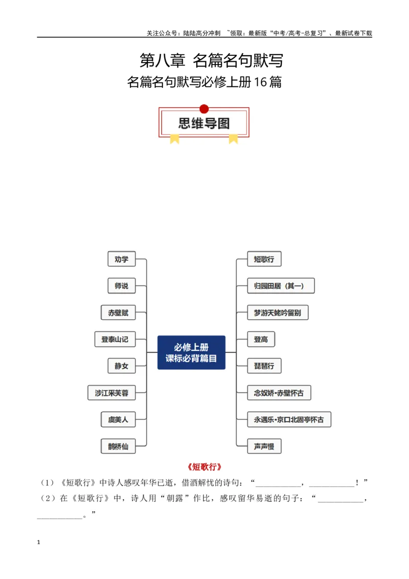 《专题02：名篇名句默写必修上册16篇（教师版）_一轮复习_2025年_2025年高考语文一轮复习知识清单（全国通用）》第1页预览